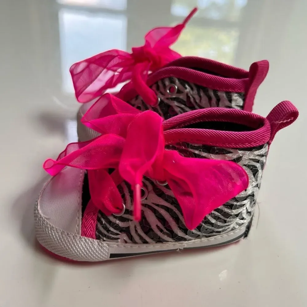 Funky Neon Pink Sequin Zebra Ribbon Tie Baby Shoes